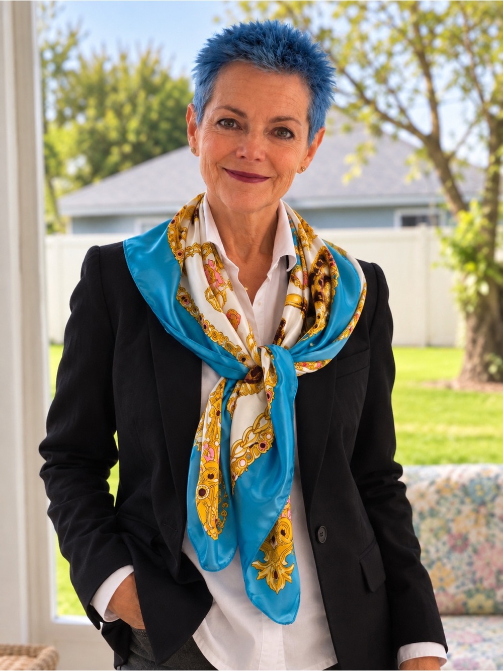 Turquoise Gold Equestrian Scarf 36” Square Baroque Chain Print